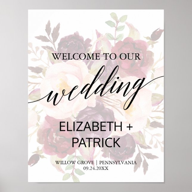 Elegant Calligraphy | Faded Floral Wedding Welcome Poster (Front)