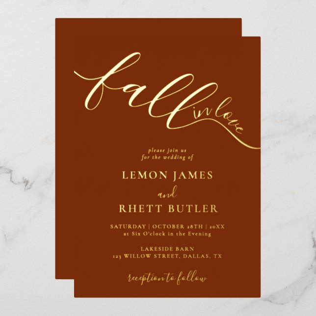 Elegant Calligraphy Fall In Love Wedding Gold (Front/Back)