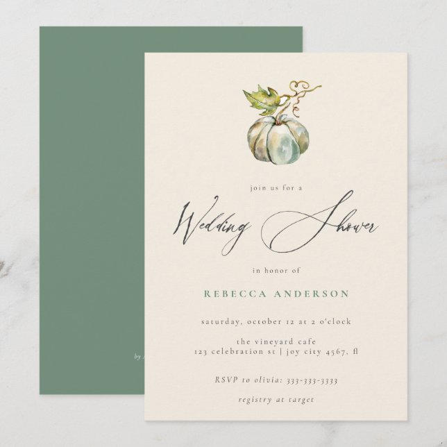Elegant Calligraphy Fall Pumpkin Wedding Shower Invitation (Front/Back)