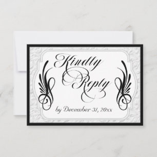Elegant Calligraphy & Faux Embossed - Black/White RSVP Card