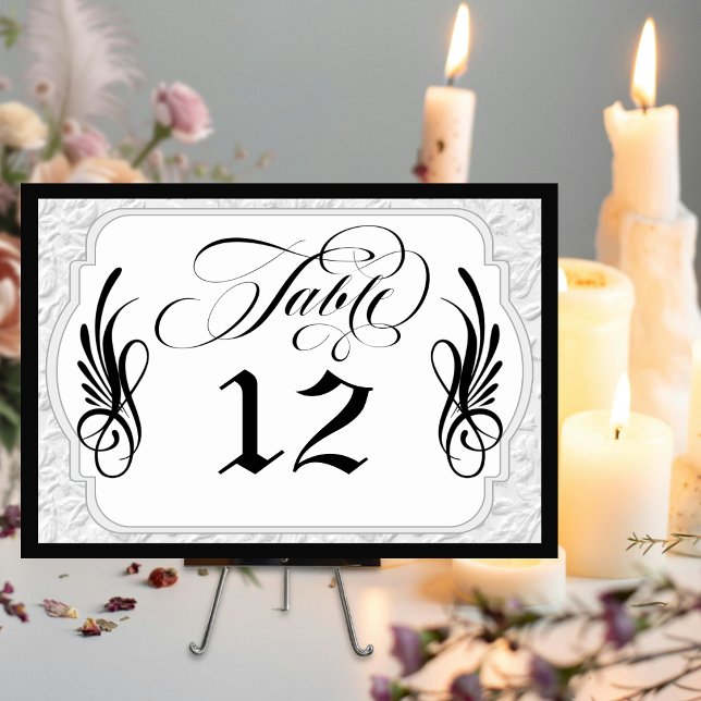Elegant Calligraphy Faux Embossed - White/Black Table Number (Creator Uploaded)