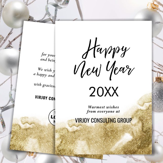 Elegant Calligraphy Festive Gold Glitter Business Holiday Card (Creator Uploaded)