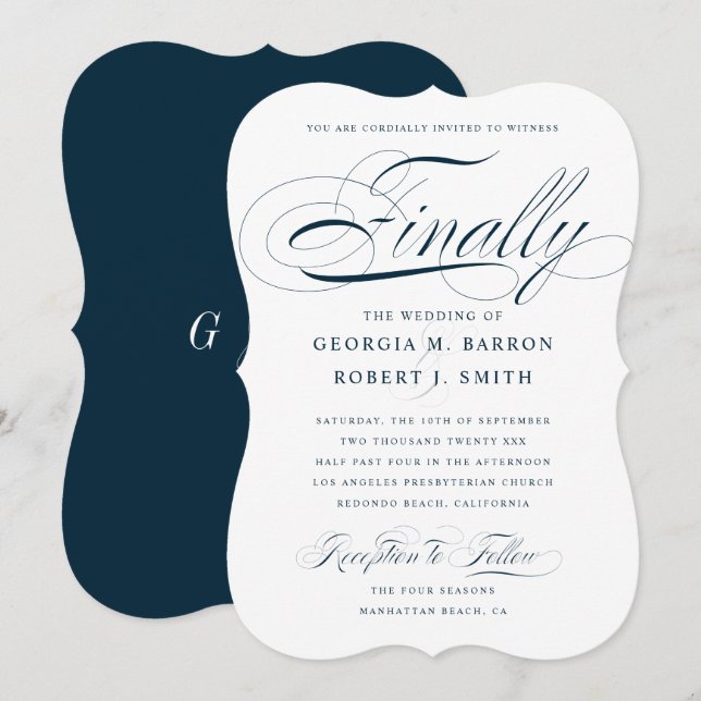 Elegant Calligraphy Finally Dark Navy Wedding Invitation (Front/Back)
