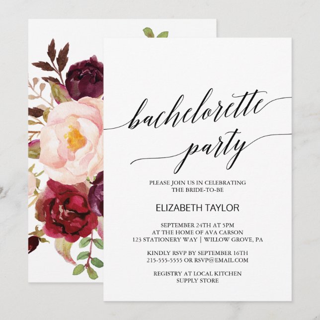 Elegant Calligraphy | Floral Bachelorette Party Invitation (Front/Back)