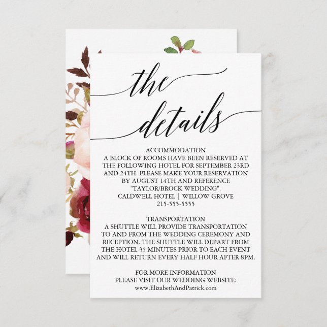 Elegant Calligraphy | Floral Back Details Card (Front/Back)