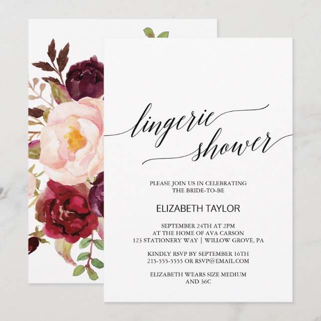 Elegant Calligraphy | Floral Back Lingerie Shower Invitation (Front/Back)