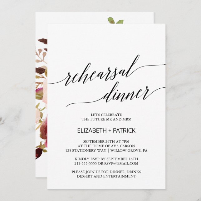 Elegant Calligraphy | Floral Back Rehearsal Dinner Invitation (Front/Back)