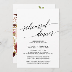 Elegant Calligraphy   Floral Back Rehearsal Dinner Invitation