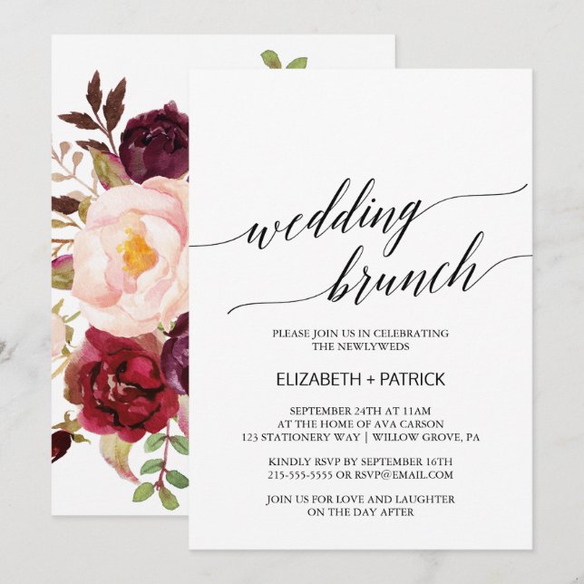 Elegant Calligraphy | Floral Back Wedding Brunch Invitation (Front/Back)