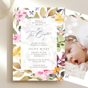 Elegant Calligraphy Floral Frame Baptism Photo Invitation