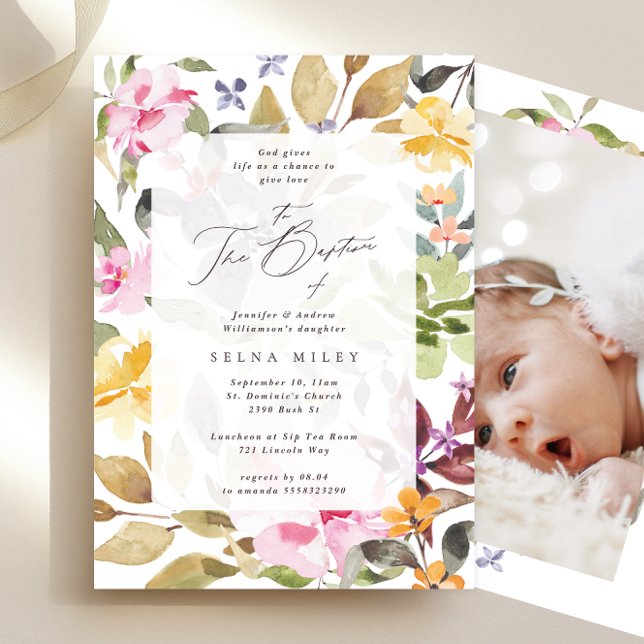 Elegant Calligraphy Floral Frame Baptism Photo Invitation (Creator Uploaded)