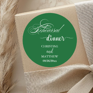 Elegant Calligraphy Forest Green Rehearsal Dinner Classic Round Sticker