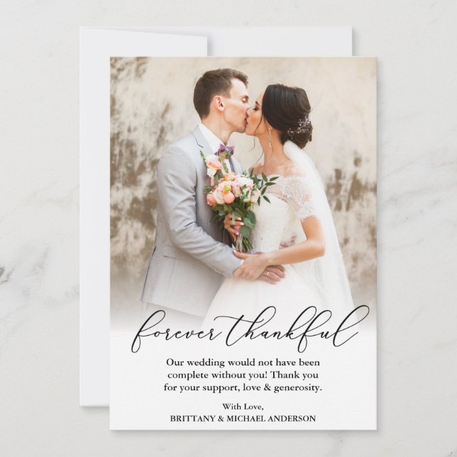 Elegant Calligraphy Forever Thankful Wedding Thank You Card (Front)