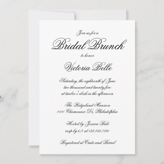 Elegant Calligraphy Formal Bridal Brunch Invitation (Front)