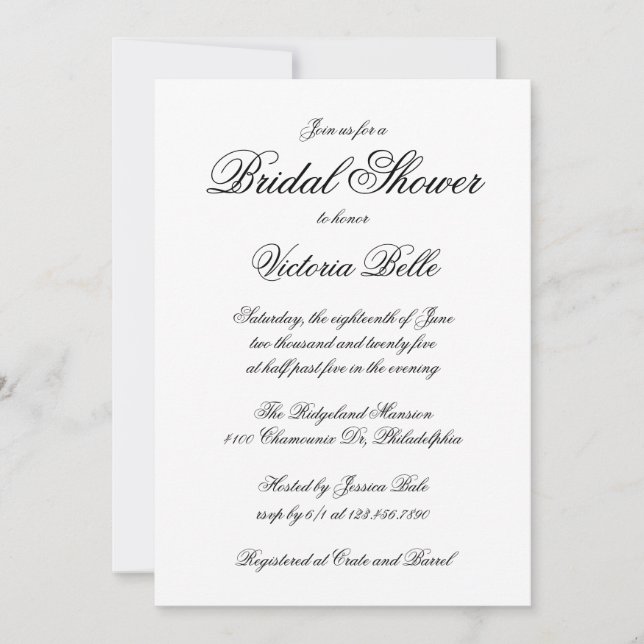 Elegant Calligraphy Formal Bridal Shower Invitation (Front)