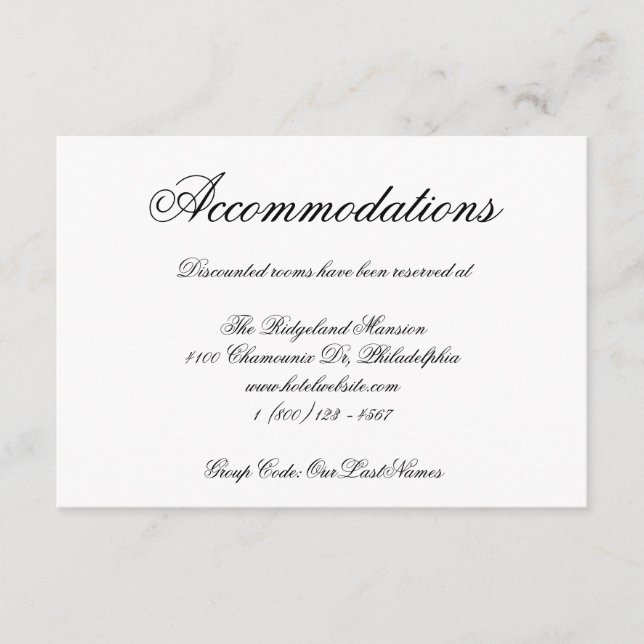Elegant Calligraphy Formal Wedding Accommodations Enclosure Card (Front)