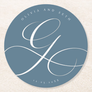 Elegant Calligraphy “G” Dusty Blue Wedding Round Paper Coaster