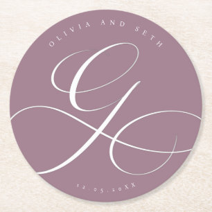 Elegant Calligraphy “G” Dusty Lilac Wedding Round Paper Coaster
