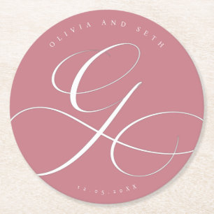 Elegant Calligraphy “G” Dusty Rose Wedding Round Paper Coaster