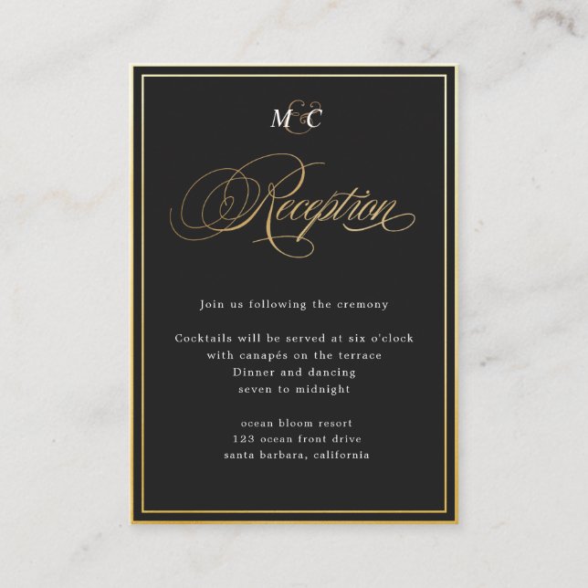 Elegant Calligraphy gold black Reception Enclosure Card (Front)