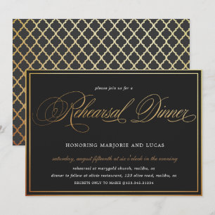 elegant calligraphy gold black Rehearsal Dinner Invitation