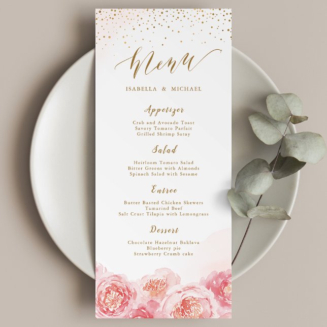 Elegant calligraphy gold & blush floral wedding menu (Elegant calligraphy gold & blush floral wedding menu)