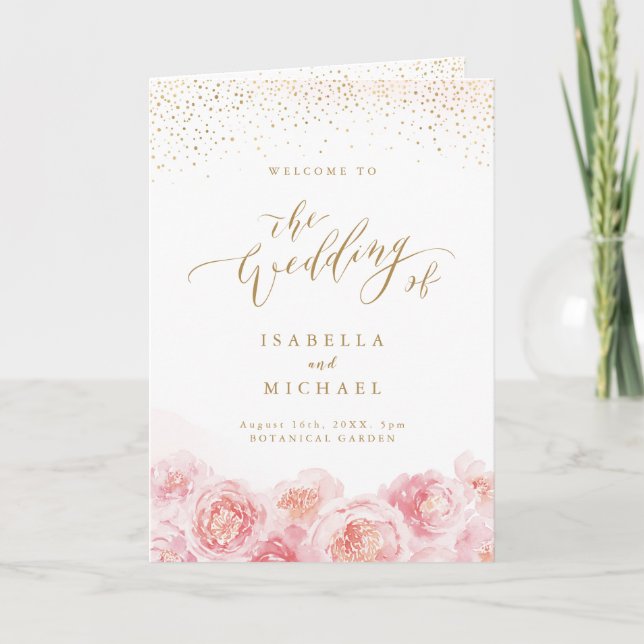 Elegant calligraphy gold & blush floral wedding programme (Front)
