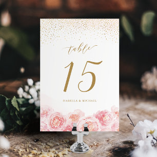 Elegant calligraphy gold & blush floral wedding table number