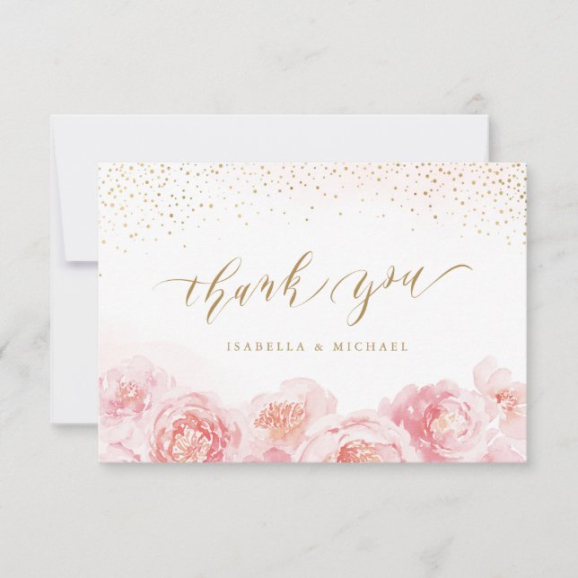Elegant calligraphy gold & blush floral wedding thank you card (Front)