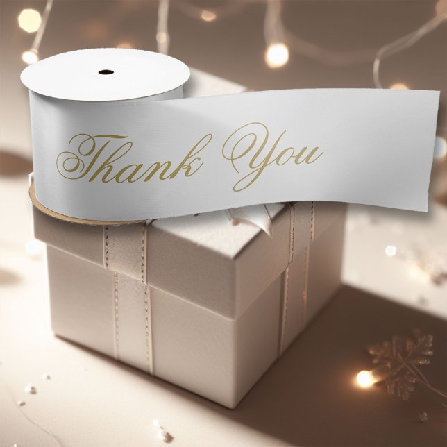 Elegant Calligraphy Gold Flourish Thank You Formal Satin Ribbon (formal flourish calligraphy gold ivory white bridal shower thank you gift wrapping ribbon)