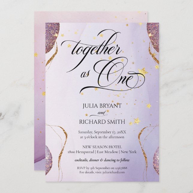 Elegant Calligraphy Gold Glitter Amethyst Modern Invitation (Front/Back)