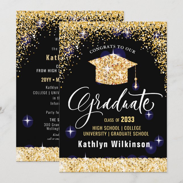 Elegant Calligraphy Gold Glitter Graduation Announcement (Front/Back)