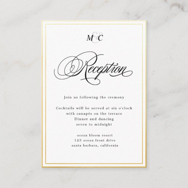 Elegant Calligraphy gold Reception Enclosure Card (Front)