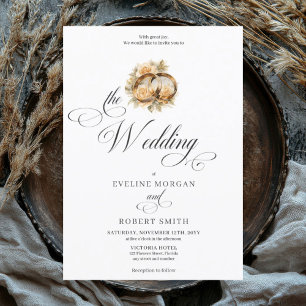 Elegant calligraphy gold rings and roses wedding invitation