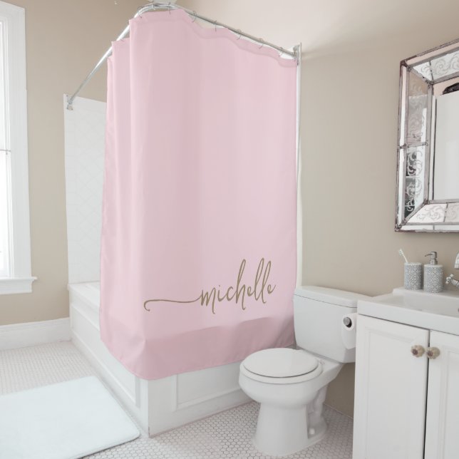 Elegant Calligraphy Gold Script Monogram Blush Shower Curtain (In Situ)