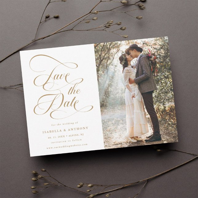 Elegant Calligraphy Gold Wedding Photo Save The Date (Front & Back)