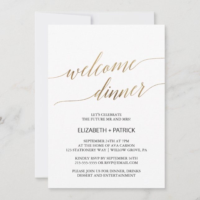 Elegant Calligraphy | Gold Welcome Dinner Invitation (Front)
