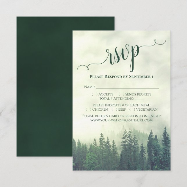 Elegant Calligraphy Green Mountain Pines Wedding RSVP Card (Front/Back)