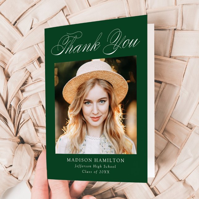 Elegant Calligraphy Green Photo Graduation Thank You Card (Creator Uploaded)