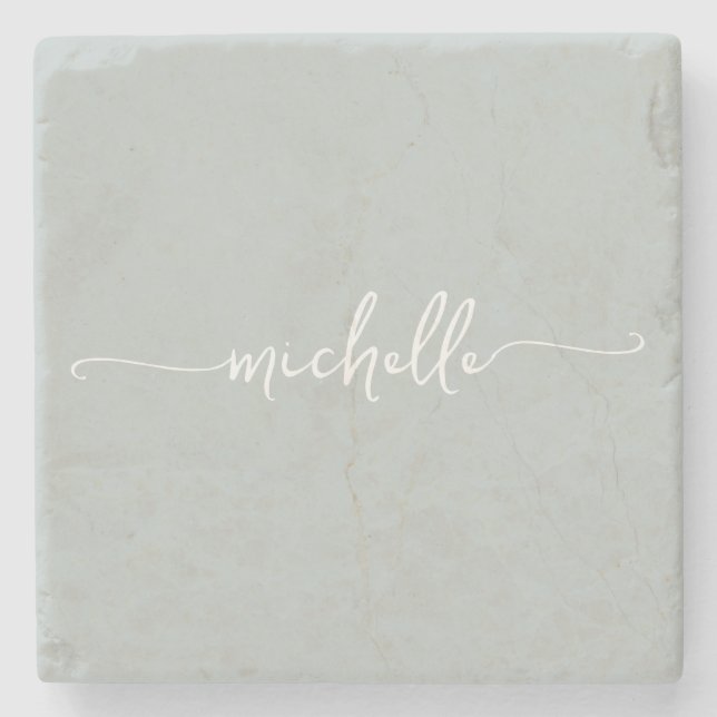 Elegant Calligraphy Green Script Monogram Name  Stone Coaster (Front)