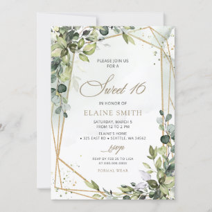 Elegant Calligraphy Greenery Eucalyptus Sweet 16 Invitation