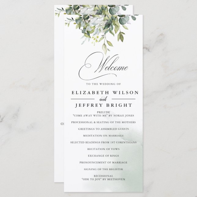 Elegant Calligraphy Greenery Eucalyptus Wedding Programme (Front/Back)