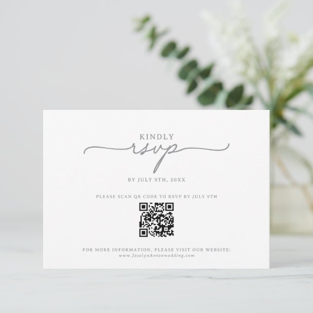Elegant Calligraphy Grey Qr Code Wedding  RSVP Card (Standing Front)