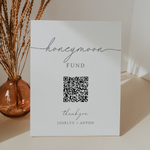 Elegant Calligraphy Grey Wedding Honeymoon Fund Pedestal Sign