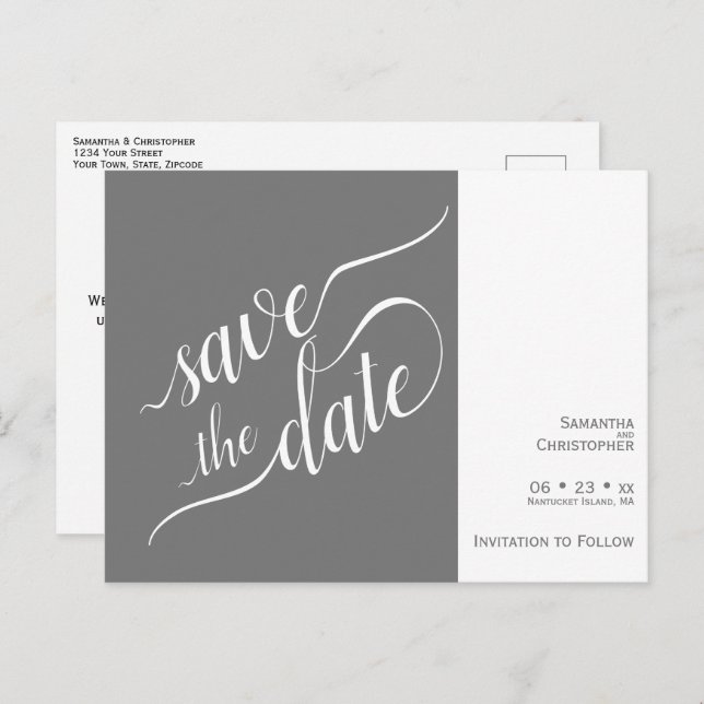 Elegant Calligraphy Grey Wedding Save the Date Announcement Postcard (Front/Back)