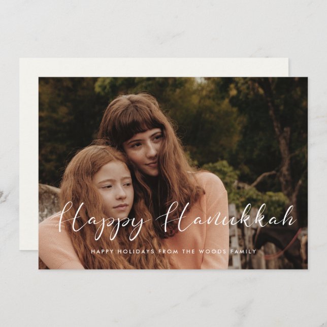 Elegant calligraphy Happy Hanukkah photo Holiday Card (Front/Back)
