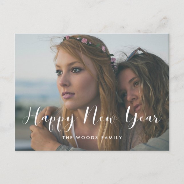 Elegant calligraphy Happy New Year Holiday photo Postcard (Front)