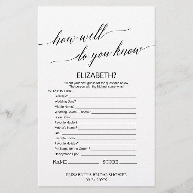 Elegant Calligraphy How Well Do You Know The Bride (Front)