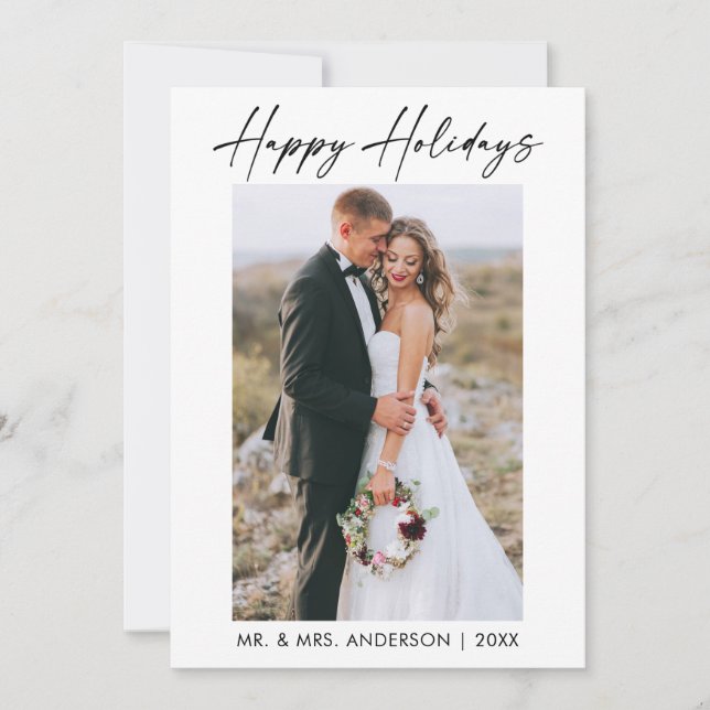 Elegant Calligraphy Ink Script Photo Wedding Holiday Card (Front)