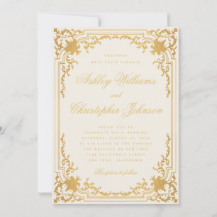 Elegant Calligraphy Ivory and Gold Vintage Wedding Invitation